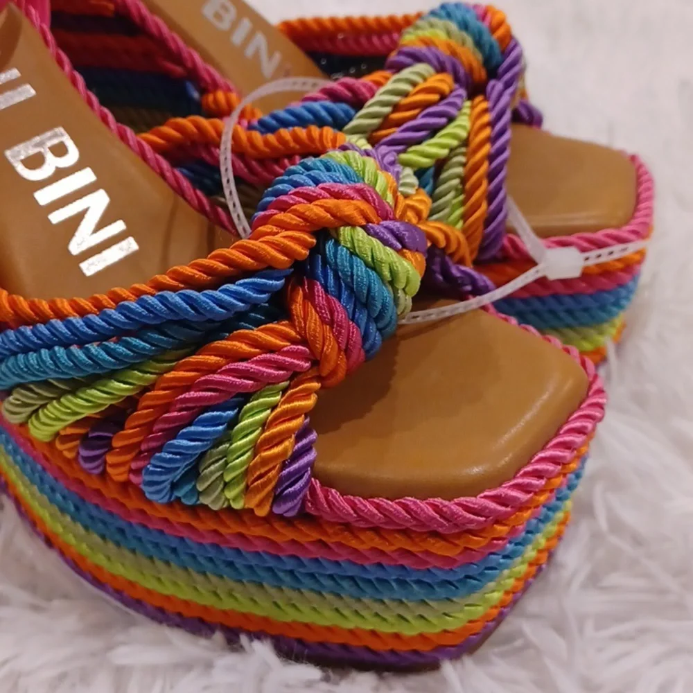 Gianni Bini Rainbow Striped Platform Sandals with Pink Straps